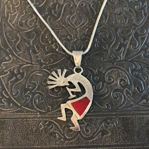 Artisan Mexican Silver Kokopelli Necklace with Red Accent